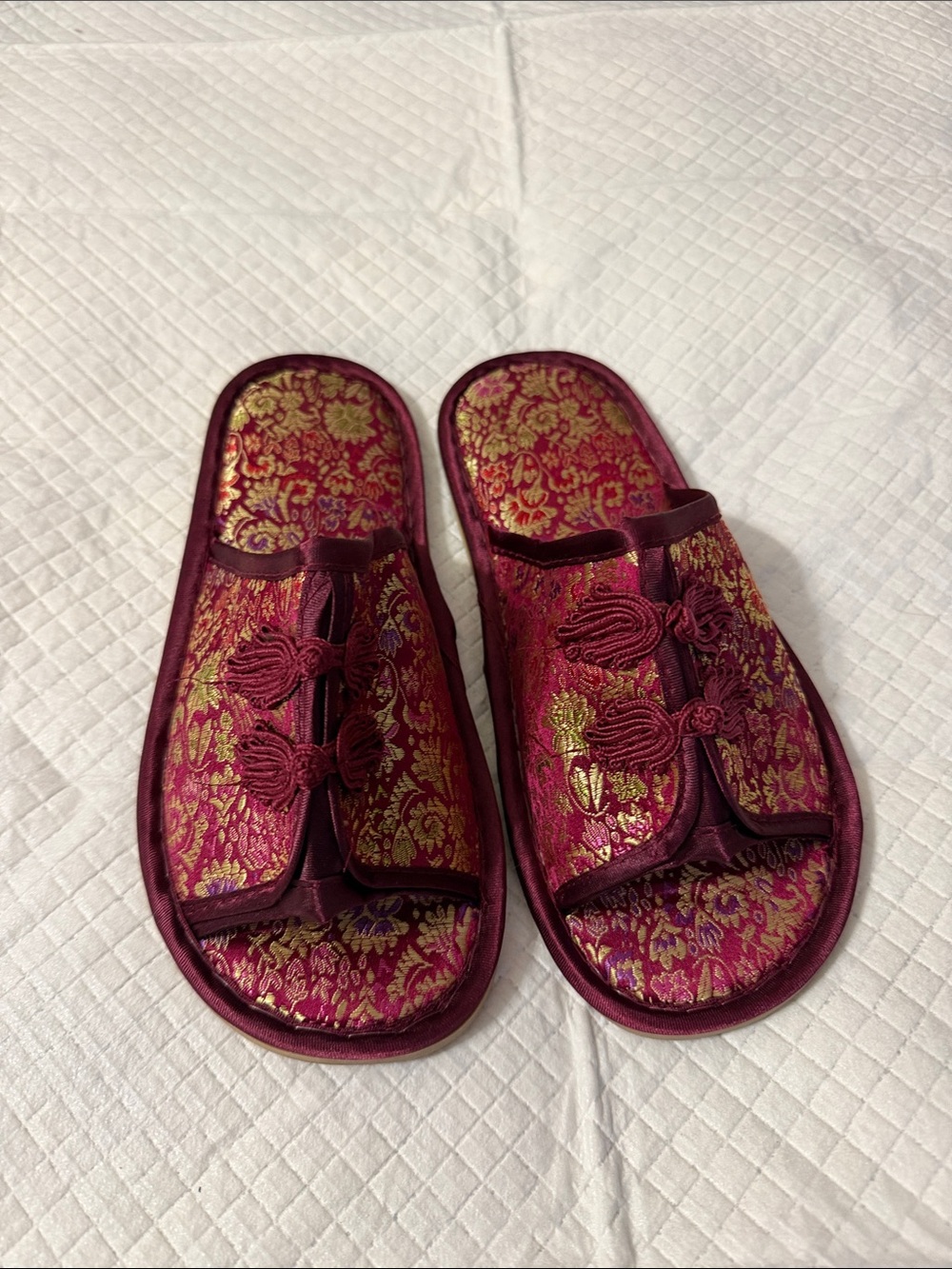 Elegant Women's Burgundy and Gold Brocade slippers